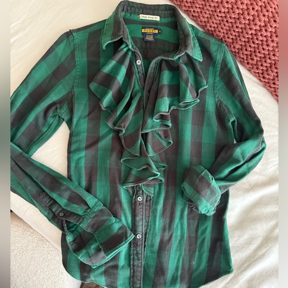 Green and Black Buffalo Plaid Ruffle Flannel - Picture 1 of 4